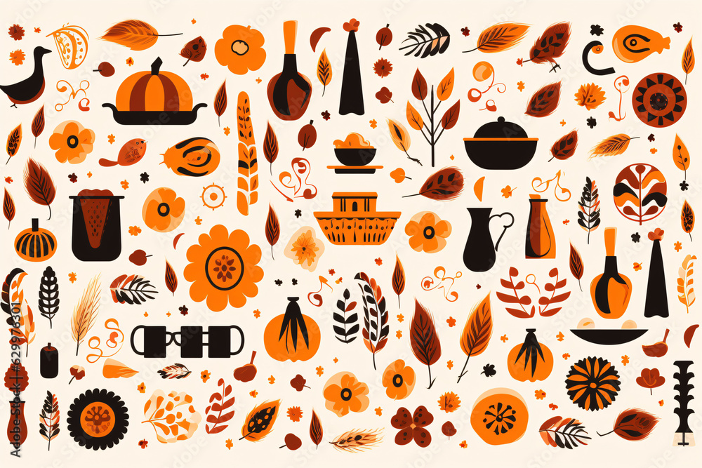 A pattern showing thanksgiving items on a white background, in the style of piles