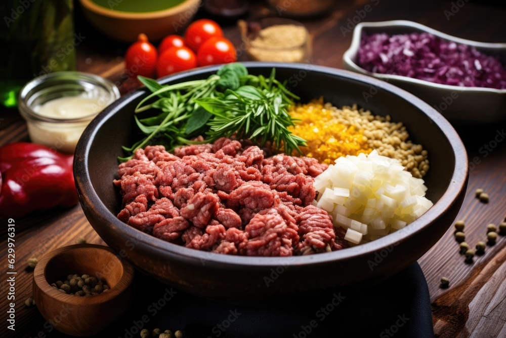 mixing ground meat and ingredients in bowl