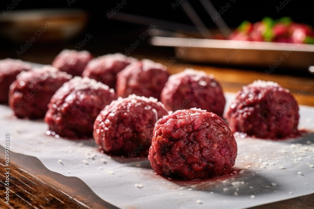row of raw meatballs on parchment paper row of raw meatballs on parchment paper