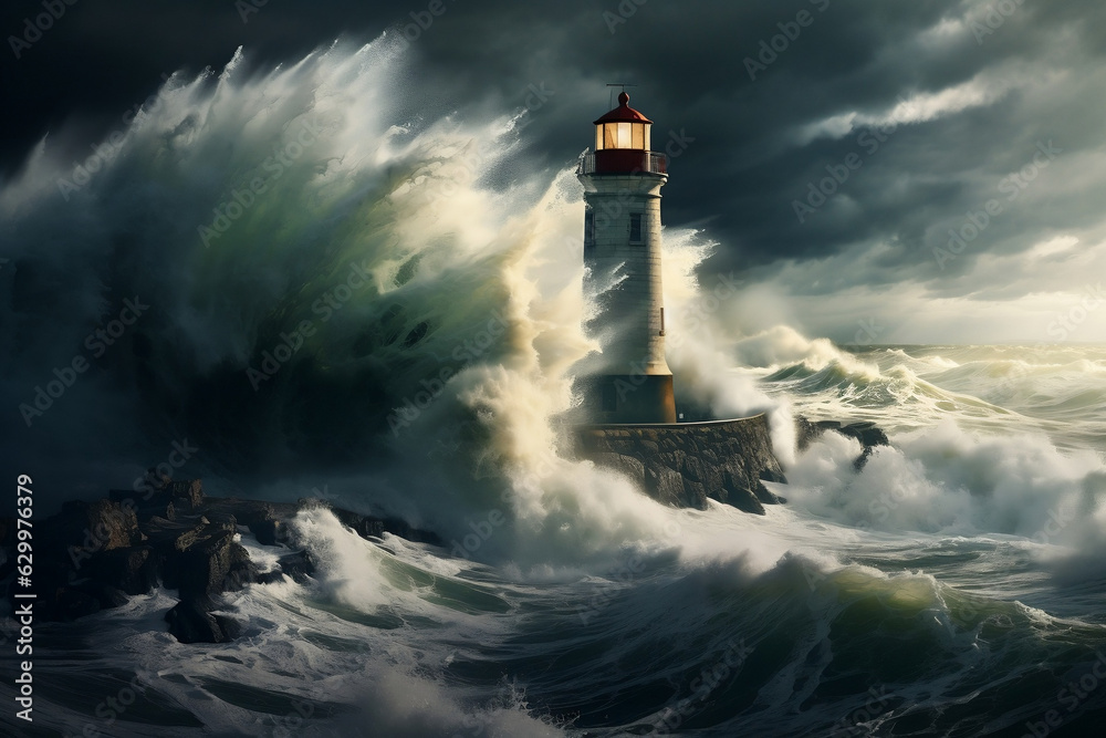 The majesty of a lone lighthouse standing tall amidst turbulent seas.
