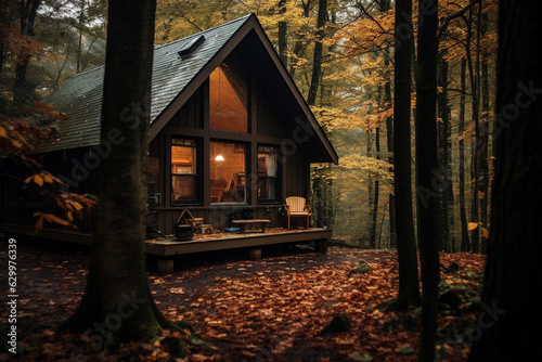 Photograph of a cozy cabin in the woods