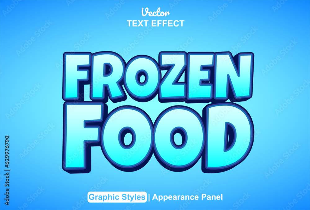 frozen food text effect with blue color graphic style and editable.
