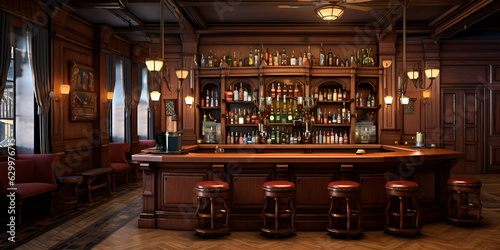 The bar at the olde english pub, A dark bar with a bar in the middle and a row of stools on the right, Bar With Chairs And Shelves Background