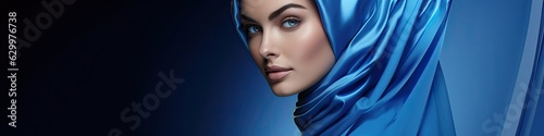 Arabic Woman Blue Fashion Design Background With Copyspace Generative AI