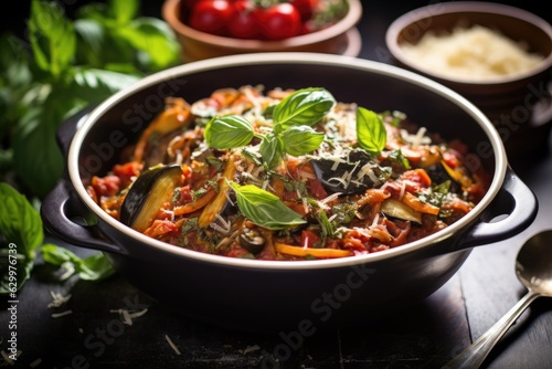 ratatouille served in a bowl, garnished with fresh basil
