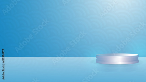 Realistic 3d podium in blue festive colors. Against the background of a Chinese traditional pattern. Proper lighting and shadows. Product presentation for traditional Asian holidays.