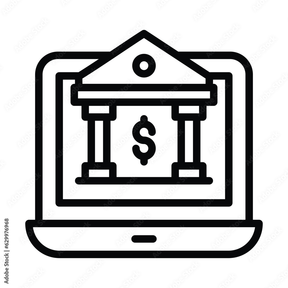 Bank building with laptop depicting bank website or online banking concept icon Bank building with laptop depicting bank website or online banking concept icon