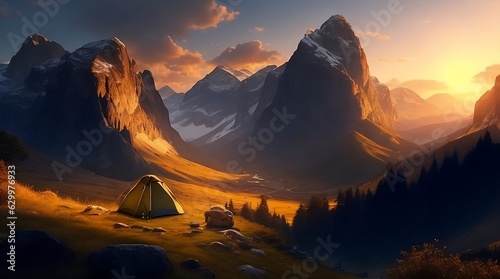 camping tent on a mountain during a beautiful sunny evening.