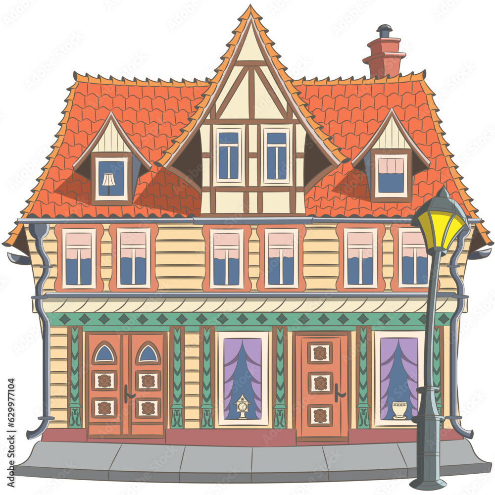 Color drawing of an old half-timbered house in Wernigerode. Germany.