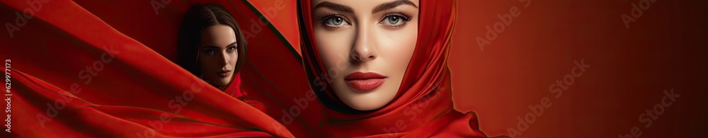 Arabic Woman Red Fashion Clothing And Second Woman Background Copyspace Generative AI Arabic Woman Red Fashion Clothing And Second Woman Background Copyspace Generative AI