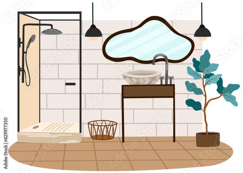 Bathroom interior vector illustration. Shower stall, sink, mirror, houseplant, wicker basket, chandeliers. Modern interior design. 