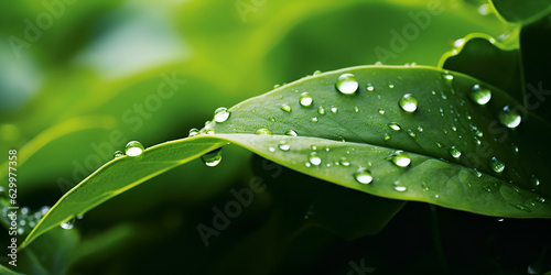 Rain water drop on green leaf closeup natural background, Green leaves with water droplets, Beautiful water drops after rain on green roses leaf in sunlight 

