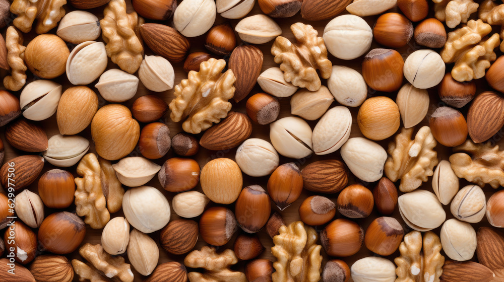 Nuts different walnuts hazelnut peanut almond texture, Background, Generative Ai Nuts different walnuts hazelnut peanut almond texture, Background, Generative Ai