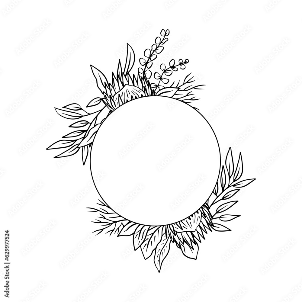 Hand drawn monochrome line art tropical protea flower round frame. Floral wreath greeting card template Hand drawn monochrome line art tropical protea flower round frame. Floral wreath greeting card template