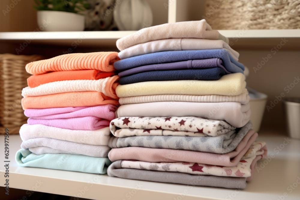 stack of clean, folded baby blankets on a shelf stack of clean, folded baby blankets on a shelf