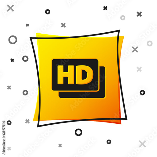 Black Hd movie, tape, frame icon isolated on white background. Yellow square button. Vector