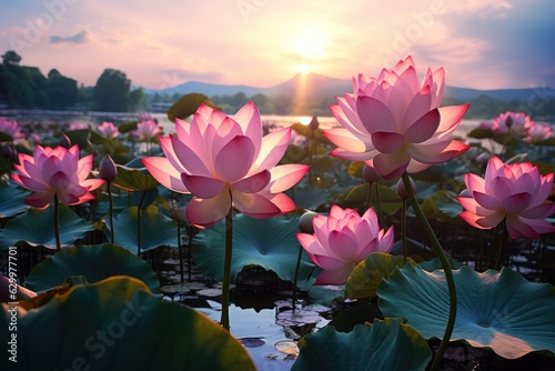lotus lake with sunshine  AI Generated