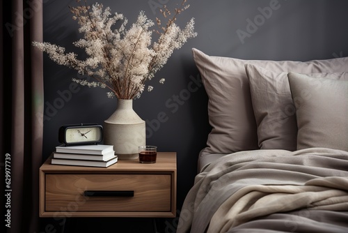 wooden bedside table with a vase of white flowers, books and an alarm clock, against a gray wall