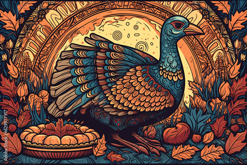 Thanksgiving pattern featuring turkeys, pumpkins and leafs, in the style of colorful