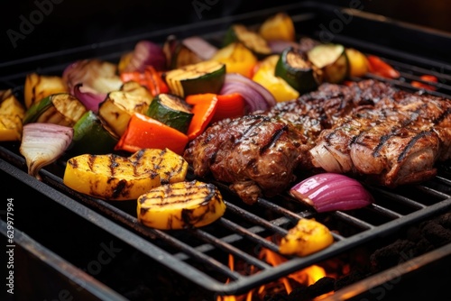 close-up of bbq grill with sizzling vegetables and meat