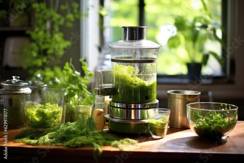 juicer in action, producing a green smoothie photo