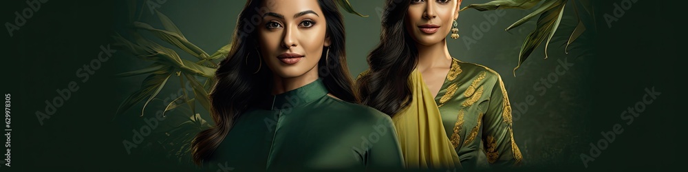 East Indian Woman Green Fashion Clothing And Second Woman Background Copyspace Generative AI East Indian Woman Green Fashion Clothing And Second Woman Background Copyspace Generative AI