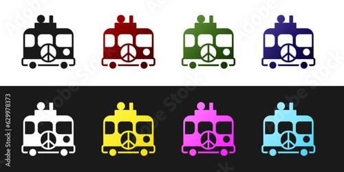 Set Hippie camper van icon isolated on black and white background. Travel by vintage bus. Tourism, summer holiday. Vector