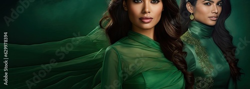 East Indian Woman Green Stylish Fashion And Second Woman Backdrop Copyspace Generative AI photo