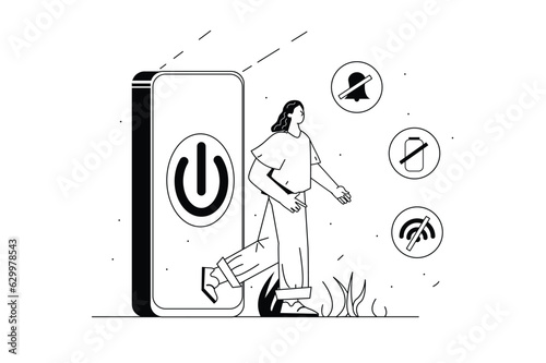 Digital detox concept with people scene in the flat line cartoon design. The girl turned off the phone and decided to rest. Vector illustration.