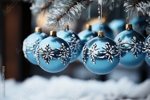 Blue christmas ball on winter landscape