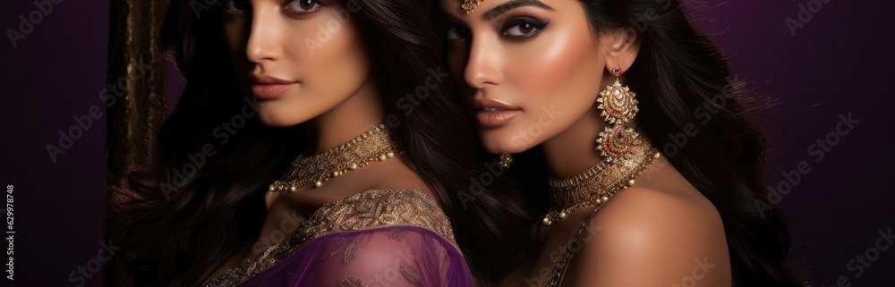 East Indian Woman Purple Fashion Style Clothing And Second Woman Background Copyspace Generative AI