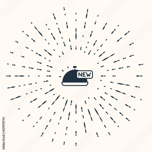 Grey Covered with a tray of food icon isolated on beige background. Tray and lid sign. Restaurant cloche with lid. Abstract circle random dots. Vector