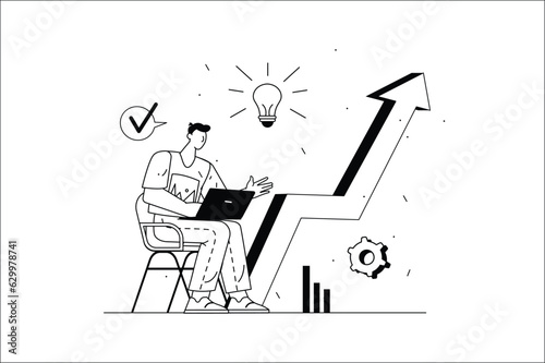 Startup concept with people scene in the flat line cartoon style. A young businessman is developing his startup idea. Vector illustration.