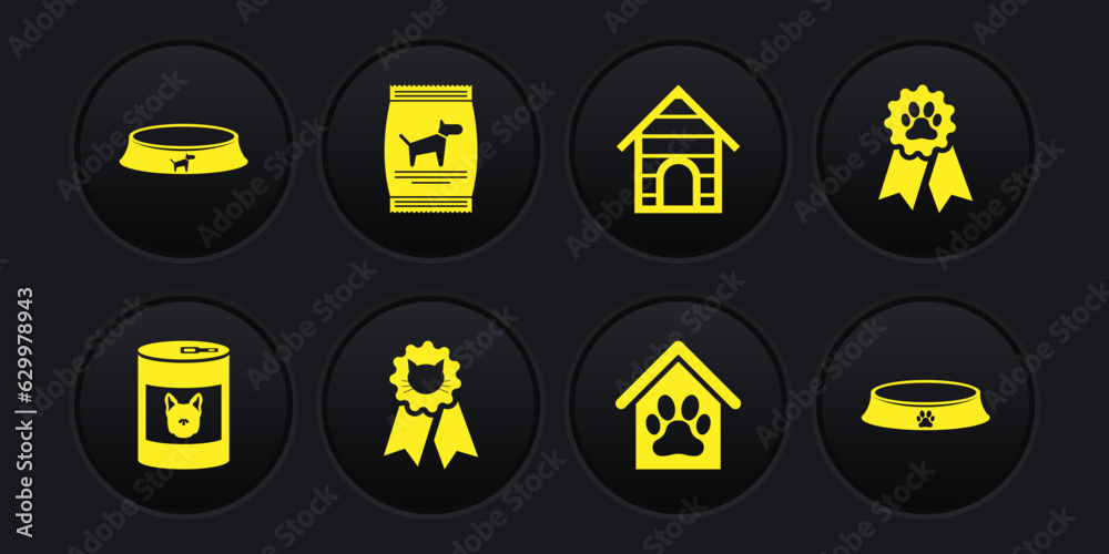 Set Canned food for dog, Pet award symbol, Cat, Dog house and paw print pet, and Bag of icon. Vector Set Canned food for dog, Pet award symbol, Cat, Dog house and paw print pet, and Bag of icon. Vector
