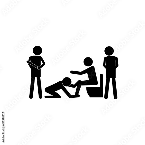 Vector illustration group of students or school people bullying and pressing man begging for mercy on the floor. Concept of discrimination, racism and negative communication in school and society