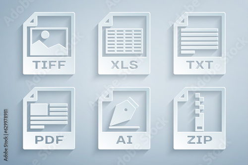 Set AI file document, TXT, PDF, ZIP, XLS and TIFF icon. Vector