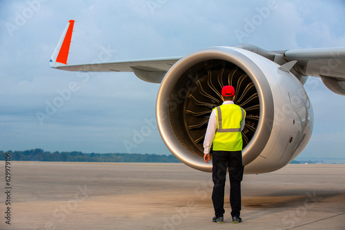 Controlling the jet engine of a modern commercial airplane. Technical service employee checking the jet engine of a parked passenger plane at the airport.