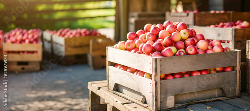 Photo Ripe organic apples in a wooden boxes on the background of an apple orchard