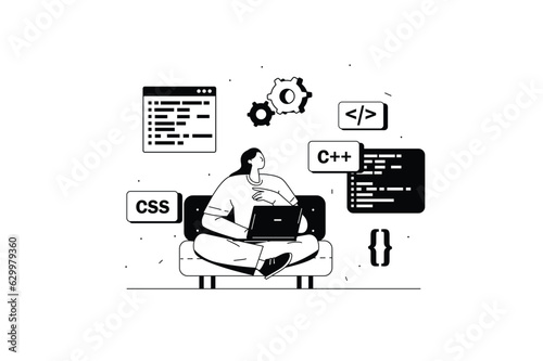 Coding concept with people scene in the flat line cartoon style. A programmer writes code for applications using a special programming language. Vector illustration.