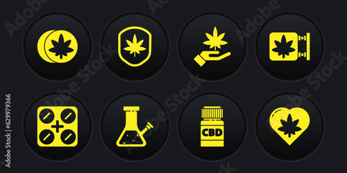 Set Medical pills with marijuana, Marijuana and cannabis store, Glass bong for smoking, bottle, leaf, Shield, heart and Herbal ecstasy tablets icon. Vector
