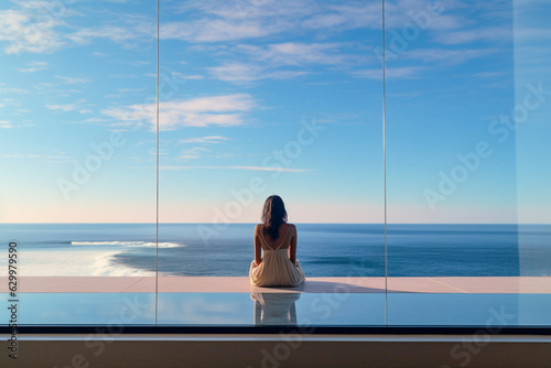 Young female gazing out at the ocean while relaxing in paradise.