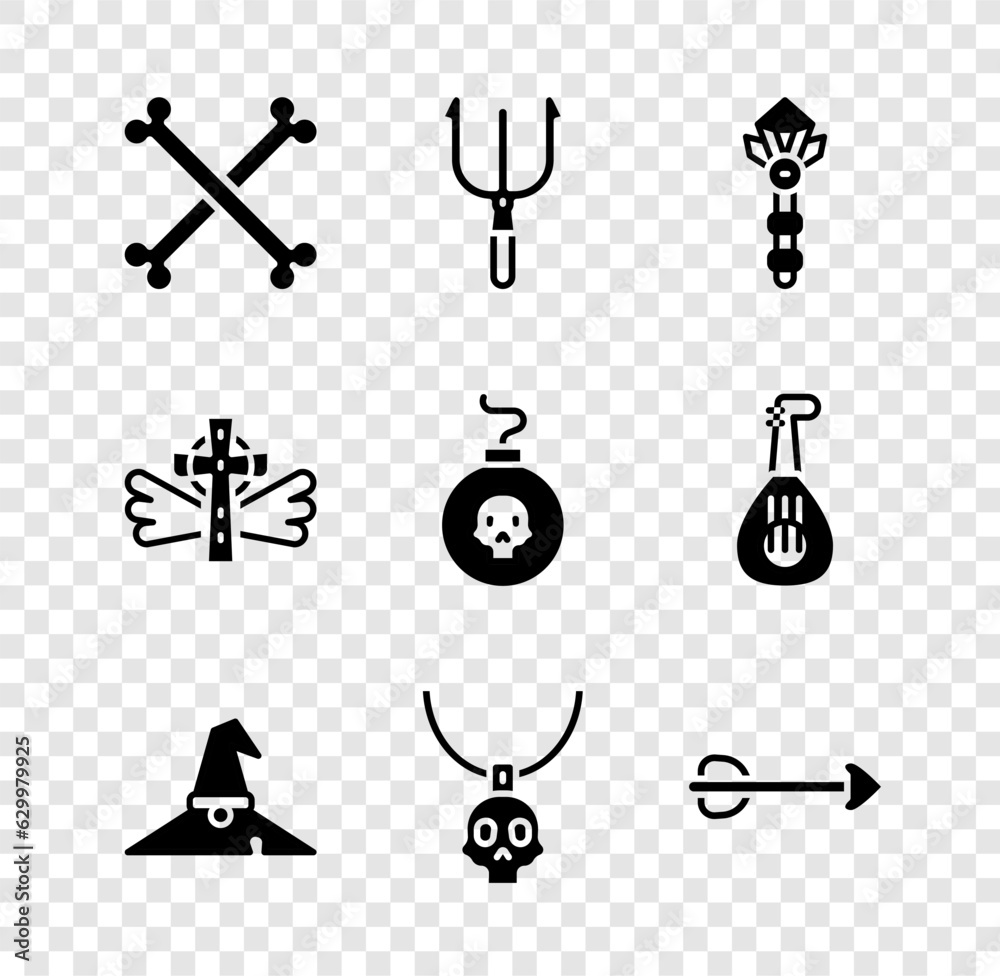 Fototapeta premium Set Crossed human bones, Neptune Trident, Magic wand, Witch hat, Necklace amulet, Arrow, Christian cross and Bomb ready to explode icon. Vector