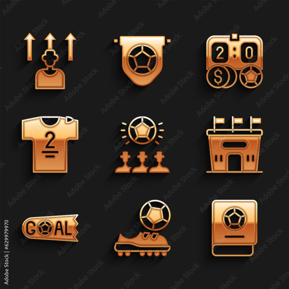 Set Soccer football ball, Football shoes, learning book, stadium, Goal soccer, jersey and t-shirt, betting money and or player icon. Vector Set Soccer football ball, Football shoes, learning book, stadium, Goal soccer, jersey and t-shirt, betting money and or player icon. Vector