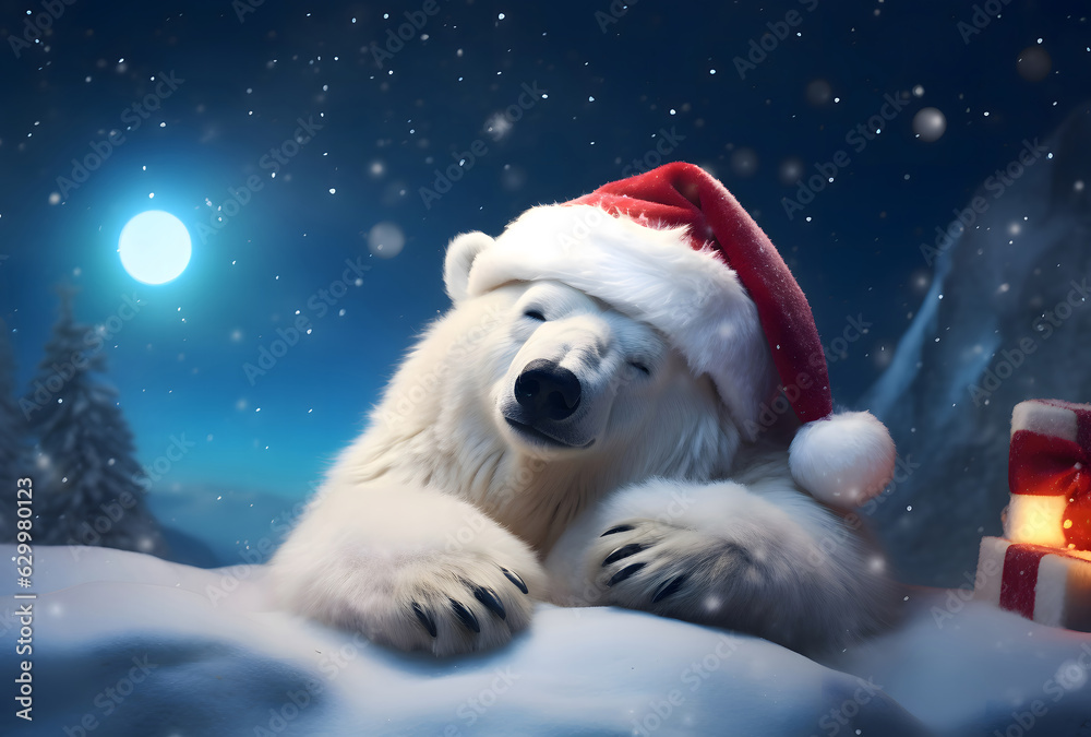 White polar bear in red Santa hat, Generative AI White polar bear in red Santa hat, Generative AI
