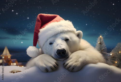 Fényképezés White polar bear in red Santa hat, Generative AI