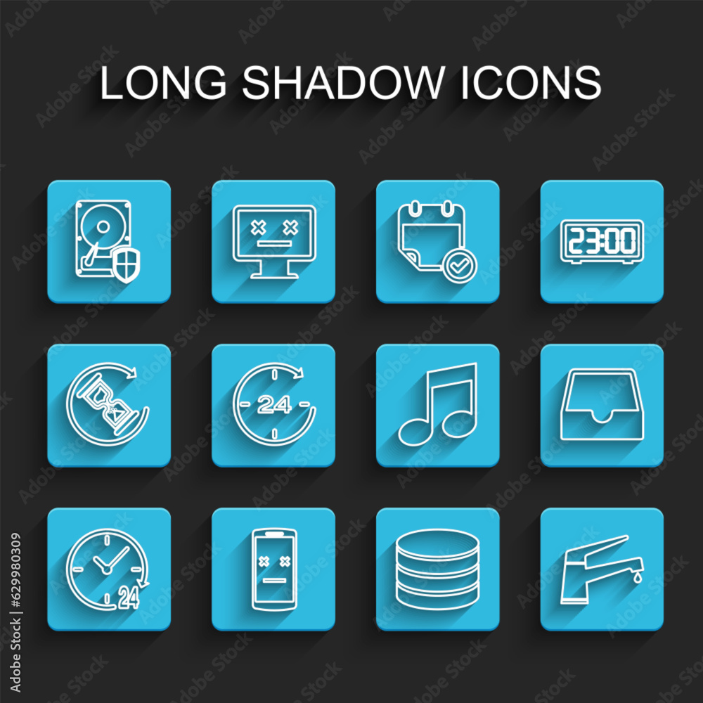 Set line Clock 24 hours, Dead mobile, Hard disk drive HDD protection, Database, Water tap, Social media inbox and Music note, tone icon. Vector Set line Clock 24 hours, Dead mobile, Hard disk drive HDD protection, Database, Water tap, Social media inbox and Music note, tone icon. Vector