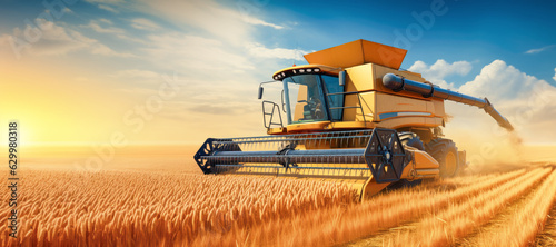 In the heart of summer, the rural landscape comes alive with the rhythmic hum of the combine harvester, skillfully gathering abundant wheat crops.
