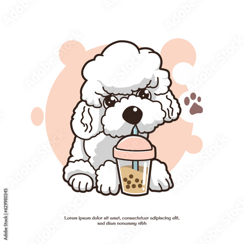poodle dog cute drinking boba premium Vector illustration