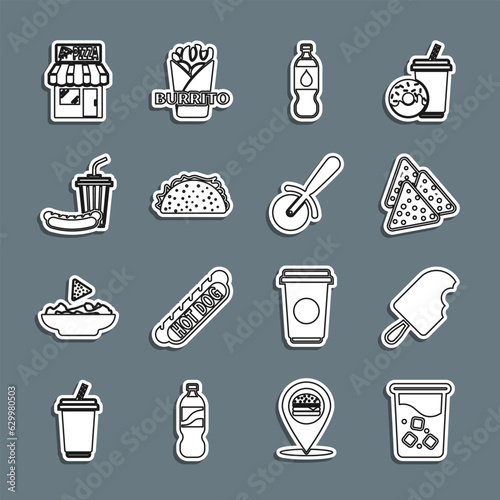 Set line Glass with water, Ice cream, Nachos, Bottle of, Taco tortilla, Soda and hotdog, Pizzeria building facade and Pizza knife icon. Vector