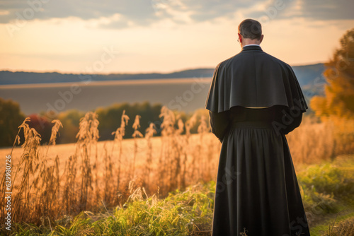 A serene priest preaching under the open sky amidst the beauty of nature. photo